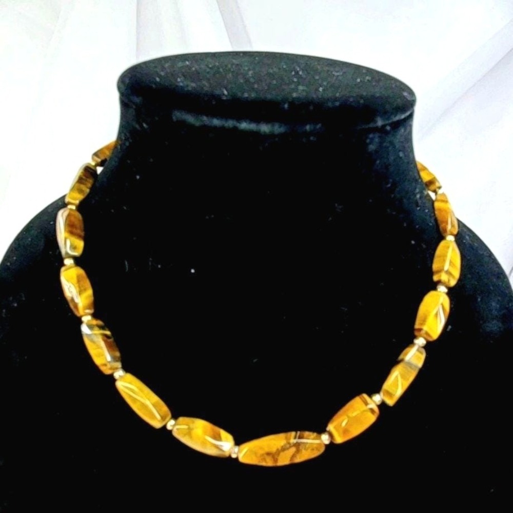 Vintage Tigers Eye Gemstone Beaded Necklace With Gold-Tone Spacers & Clasp